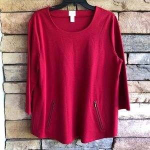 Chico’s red scoop neck zipper detail long sleeve top Like New 2/Large
